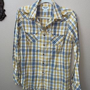 Ariat Ladies long sleeve blouse, yellow and blue, in excellent condition, size S